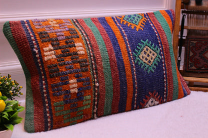 Ethnic Kilim Lumbar Pillow Cover: Turkish Woven Wool, 12x24 inch
