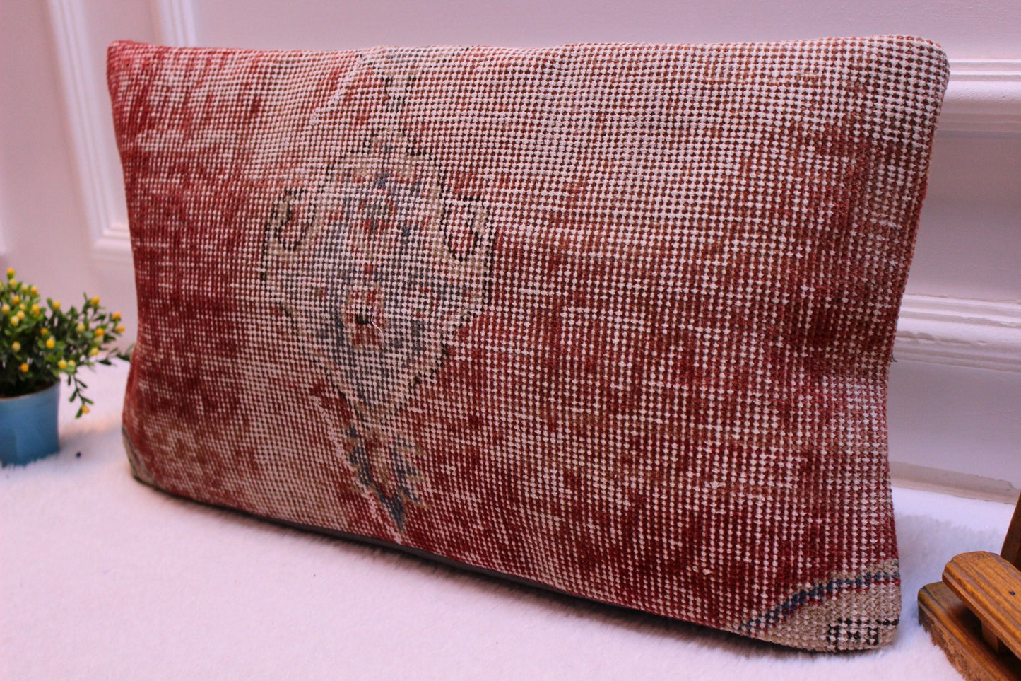 Vintage Turkish Rug Pillow Cover: 12x24 Red Wool Lumbar Cushion