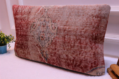 Vintage Turkish Rug Pillow Cover: 12x24 Red Wool Lumbar Cushion