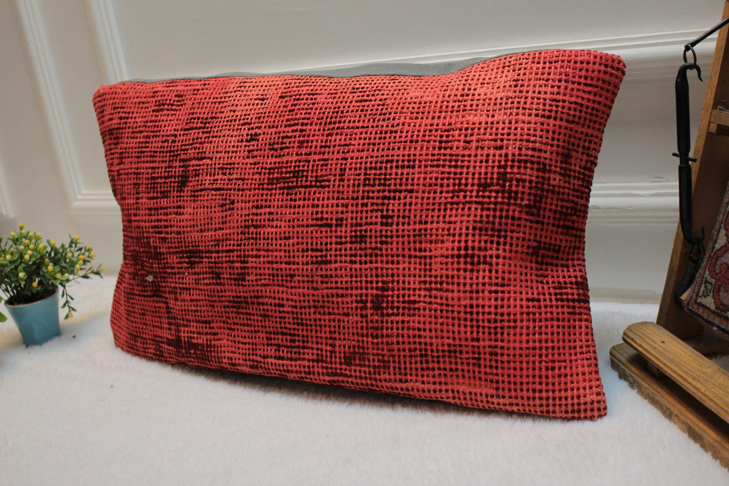Red Overdyed Turkish Rug Lumbar Pillow Cover: 12x24 inc Handmade Kilim Pillow