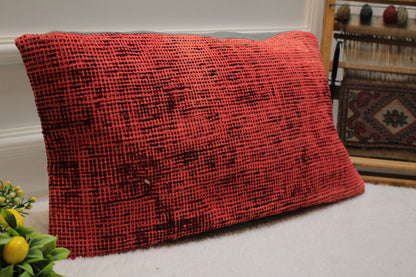 Red Overdyed Turkish Rug Lumbar Pillow Cover: 12x24 inc Handmade Kilim Pillow