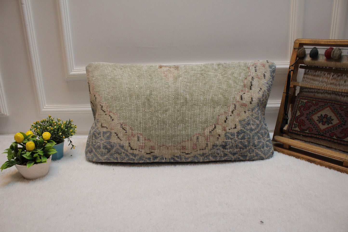 Handmade Wool Lumbar Pillow Cover: Upcycled Anatolian Rug, 12x24 inch