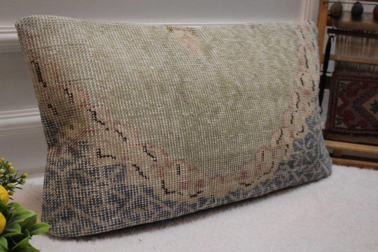 Handmade Wool Lumbar Pillow Cover: Upcycled Anatolian Rug, 12x24 inch