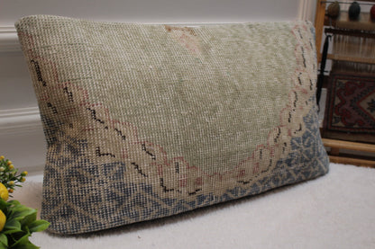 Handmade Wool Lumbar Pillow Cover: Upcycled Anatolian Rug, 12x24 inch