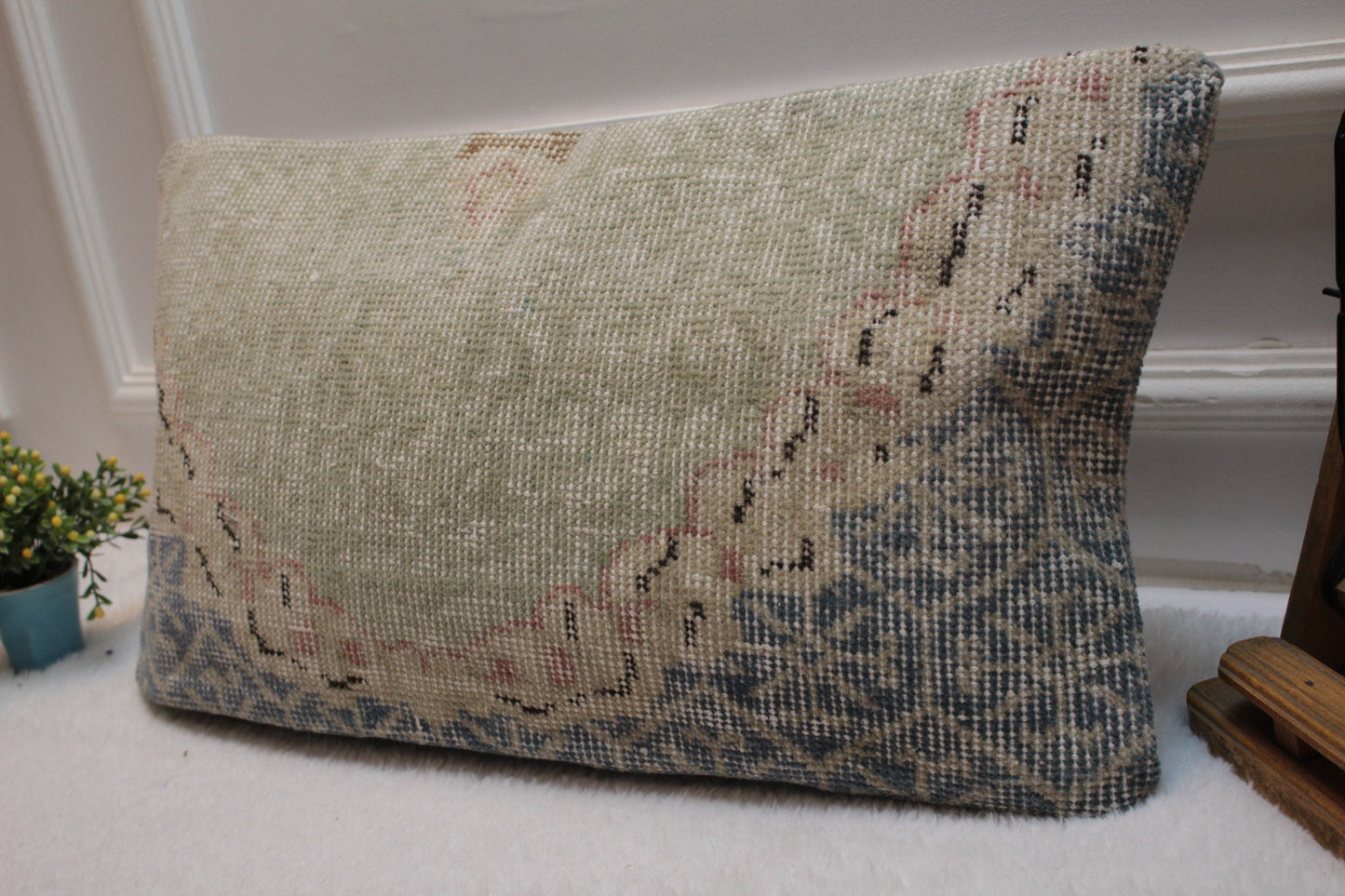 Handmade Wool Lumbar Pillow Cover: Upcycled Anatolian Rug, 12x24 inch