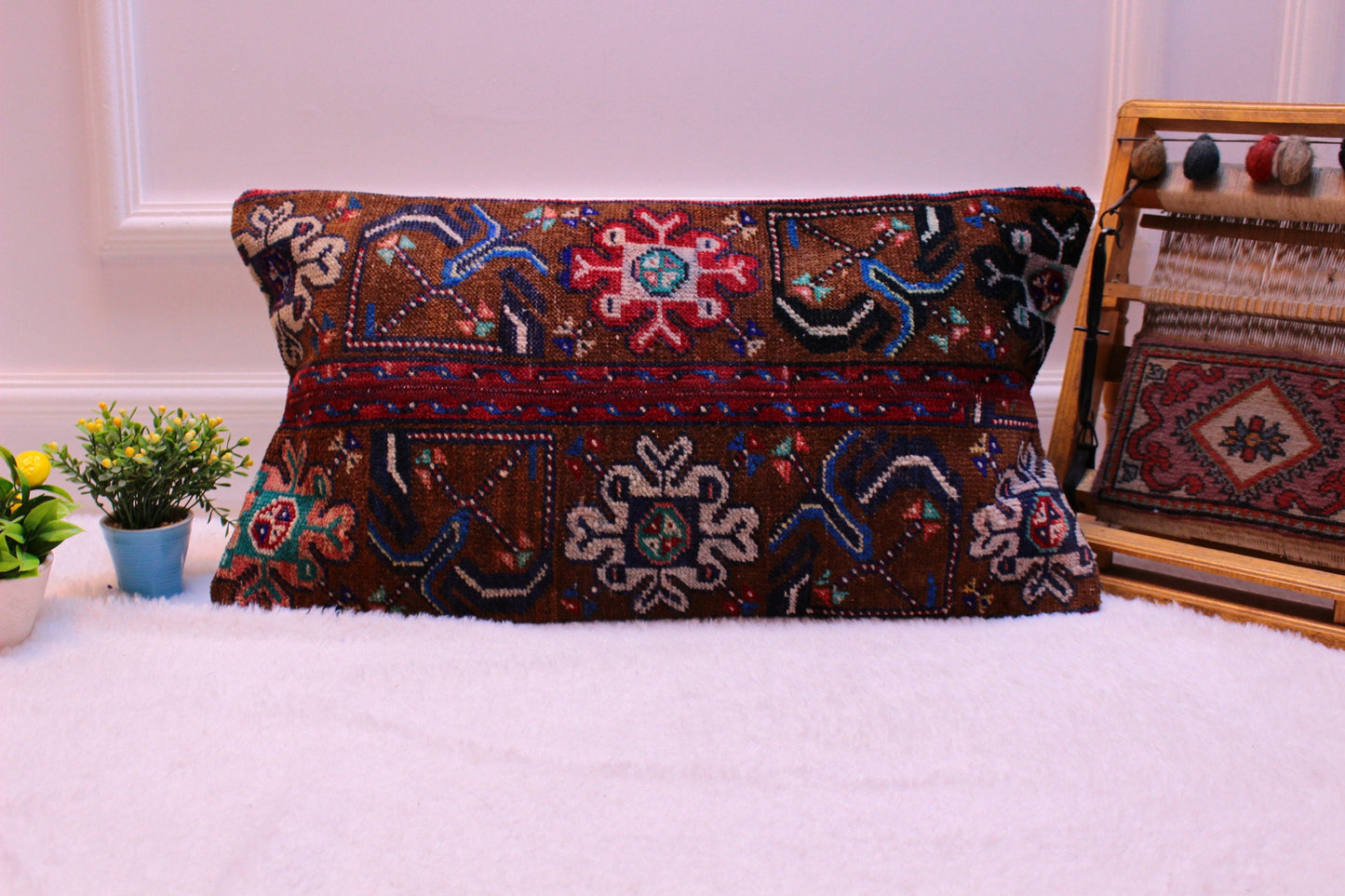 Handmade Brown Kilim Pillow Cover: 12x24 Boho Lumbar Throw Pillow