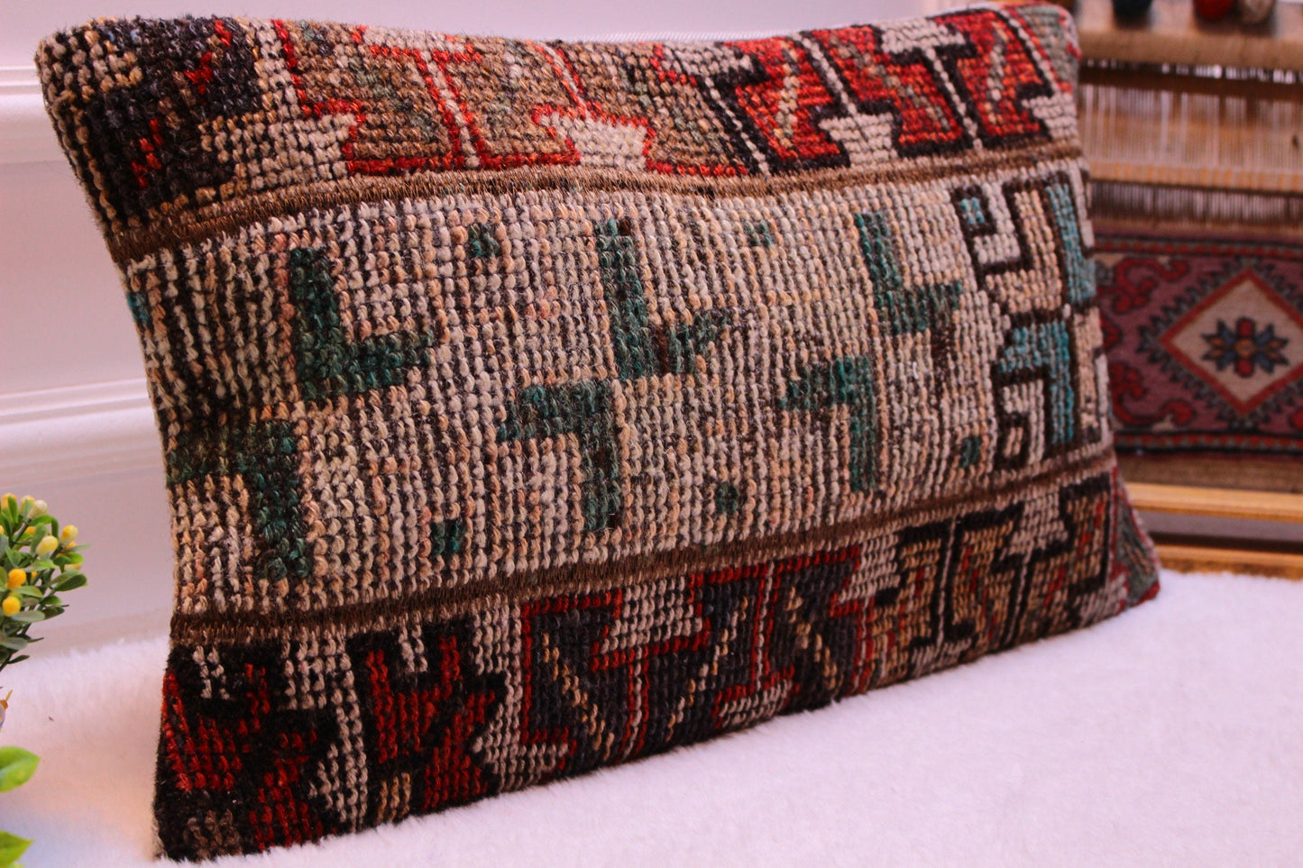Handmade Turkish Kilim Pillow Cover: Boho Decor (12x24 inc)