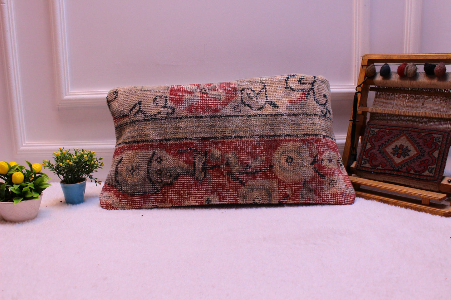 Vintage Turkish Rug Pillow Cover: Red Beige Kilim, 12x24 inch
