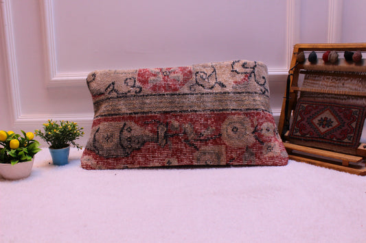 Vintage Turkish Rug Pillow Cover: Red Beige Kilim, 12x24 inch