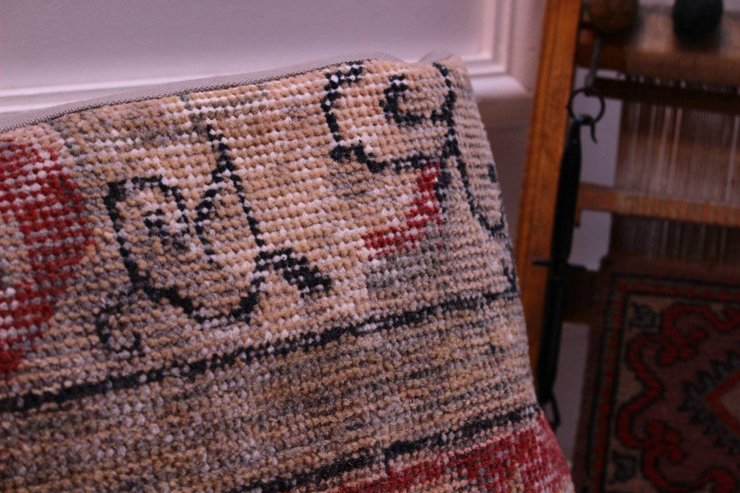 Vintage Turkish Rug Pillow Cover: Red Beige Kilim, 12x24 inch