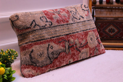 Vintage Turkish Rug Pillow Cover: Red Beige Kilim, 12x24 inch