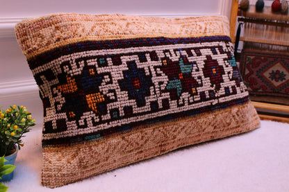 Boho Rug Pillow Cover: 12x24 inch, Upcycled Turkish Wool Kilim