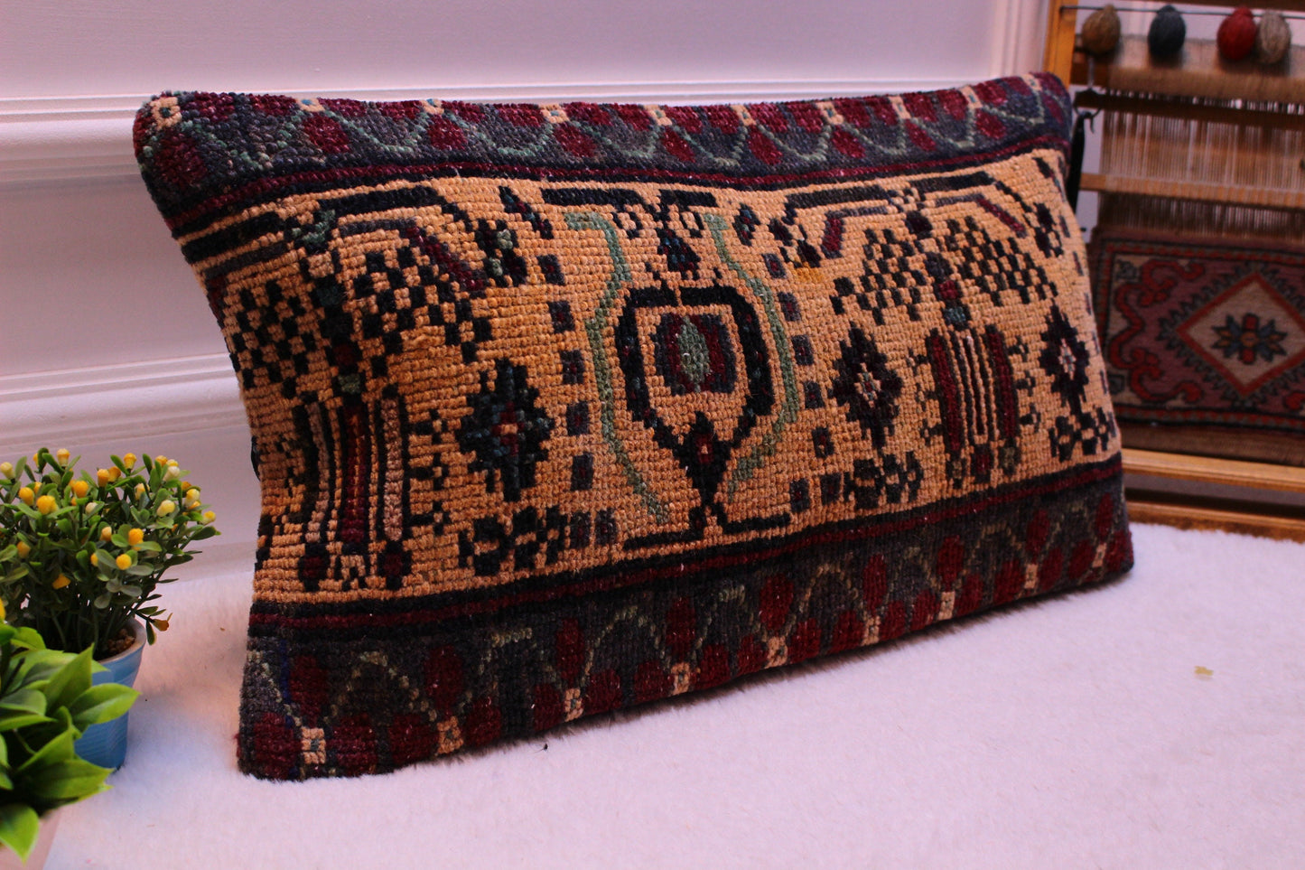 Handmade Kilim Lumbar Pillow Cover: Turkish Rug, Ethnic Decor (12x24 in)