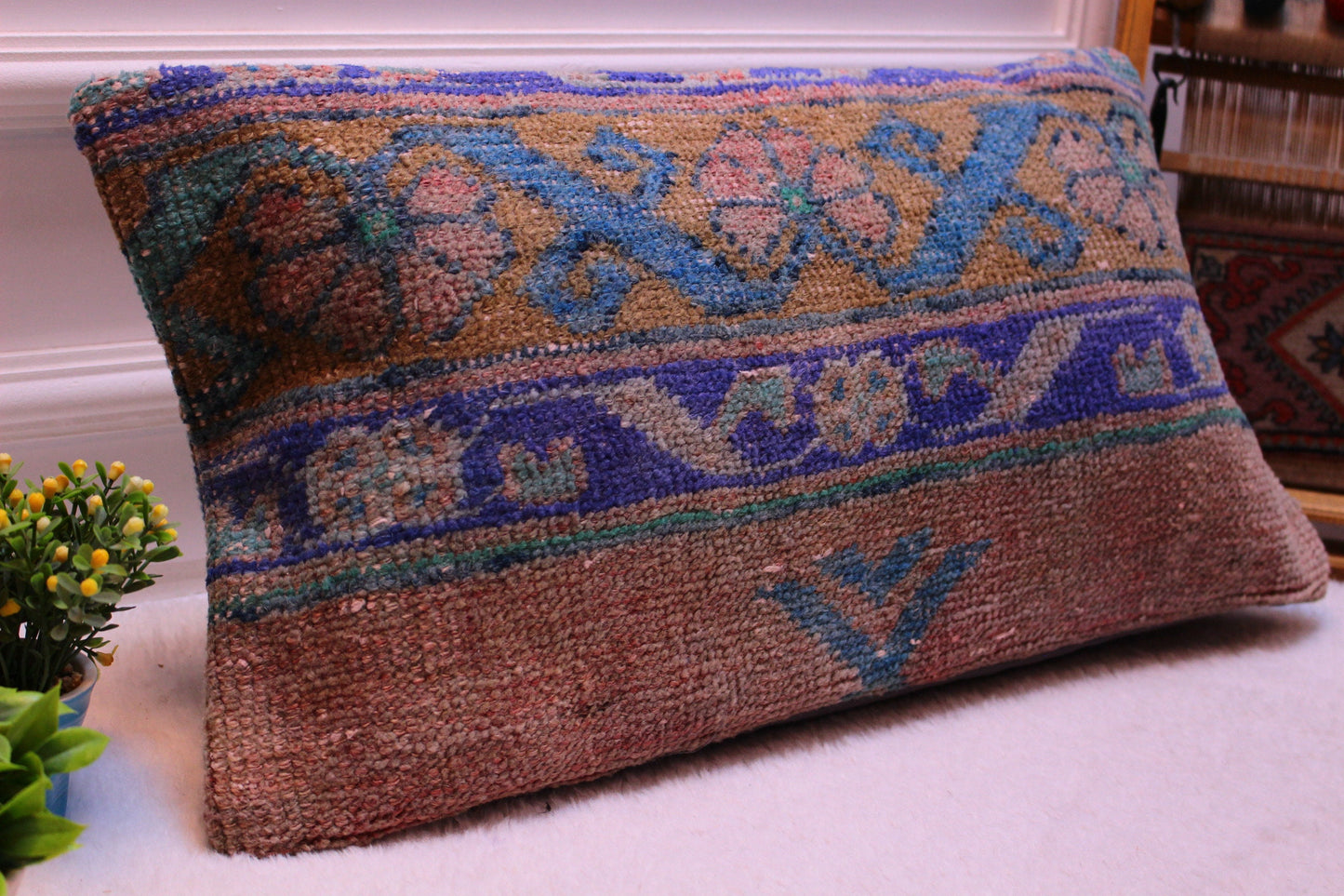 Vintage Turkish Kilim Pillow Cover: Faded Rug Lumbar, 12x24 inch