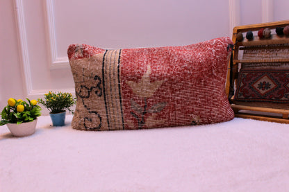 Red Turkish Rug Lumbar Pillow: 12x24 Boho Decor, Organic Wool