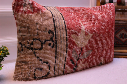 Red Turkish Rug Lumbar Pillow: 12x24 Boho Decor, Organic Wool