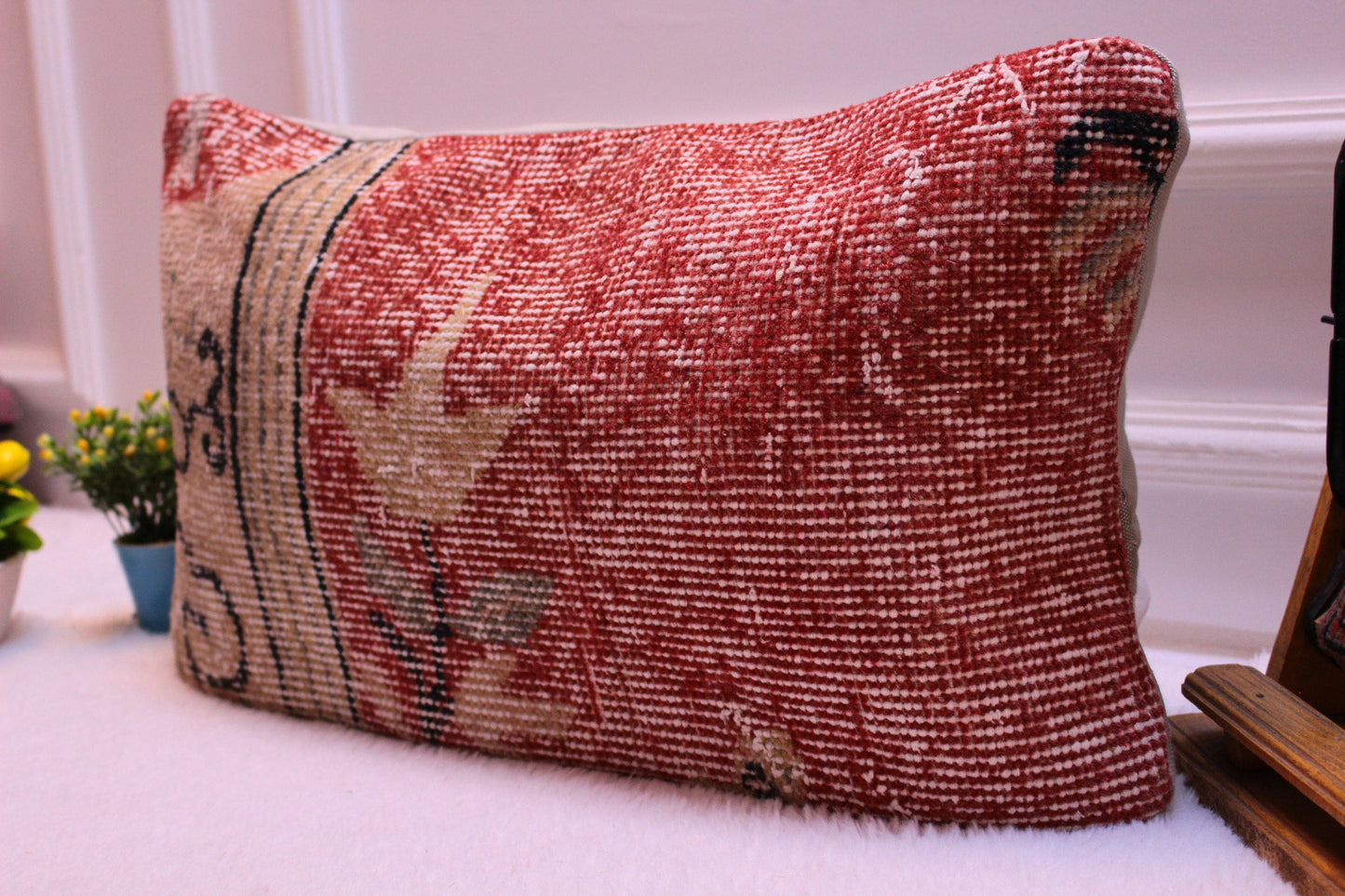 Red Turkish Rug Lumbar Pillow: 12x24 Boho Decor, Organic Wool