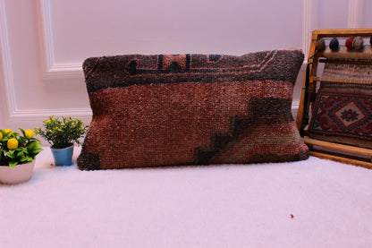 Handmade Turkish Rug Lumbar Pillow: Upcycled Woven Wool, 12x24 inch