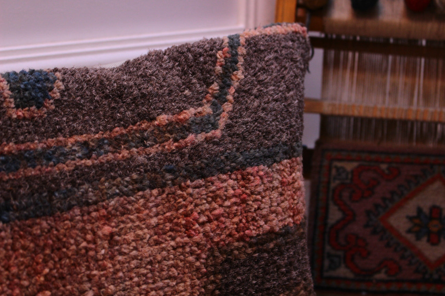 Handmade Turkish Rug Lumbar Pillow: Upcycled Woven Wool, 12x24 inch