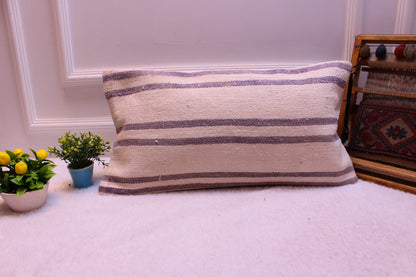 Striped Turkish Kilim Lumbar Pillow Cover: Handmade Wool, 12x24 inch