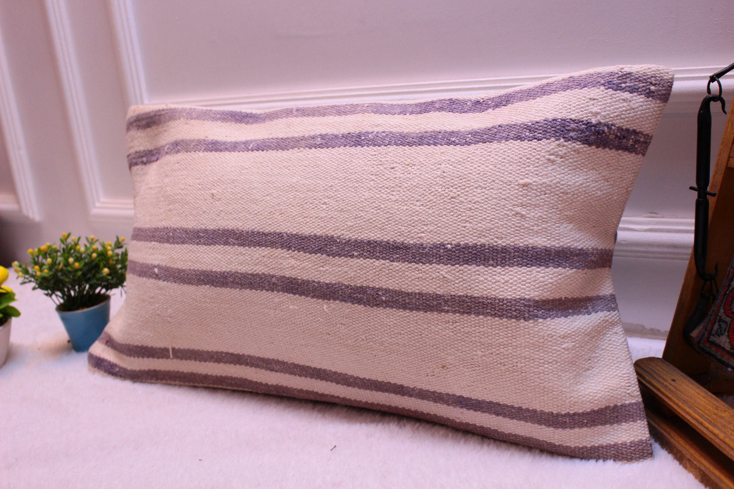 Striped Turkish Kilim Lumbar Pillow Cover: Handmade Wool, 12x24 inch