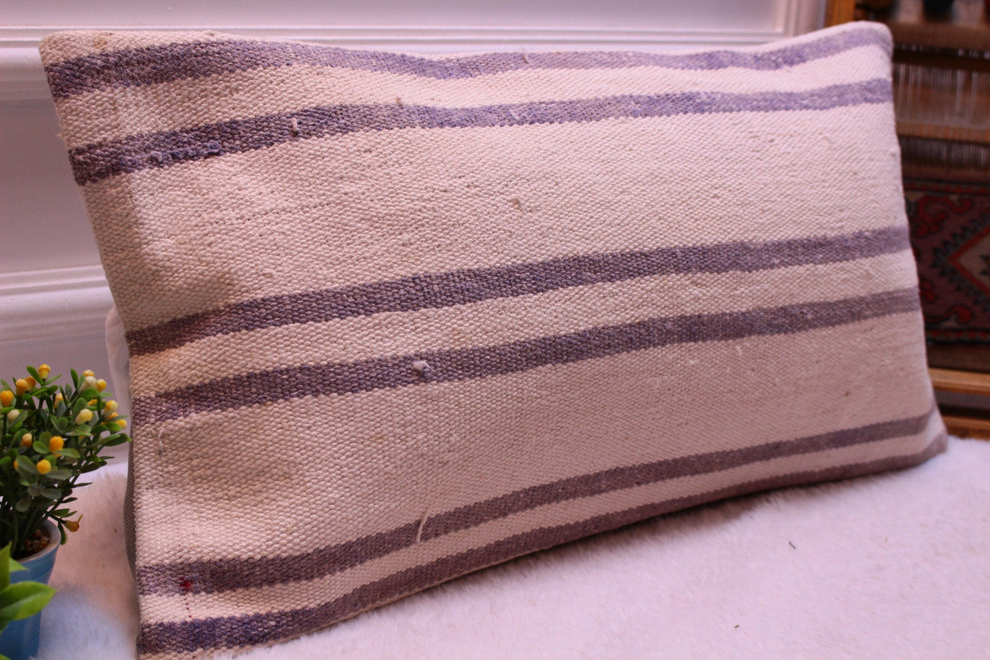 Striped Turkish Kilim Lumbar Pillow Cover: Handmade Wool, 12x24 inch