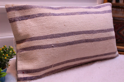 Striped Turkish Kilim Lumbar Pillow Cover: Handmade Wool, 12x24 inch