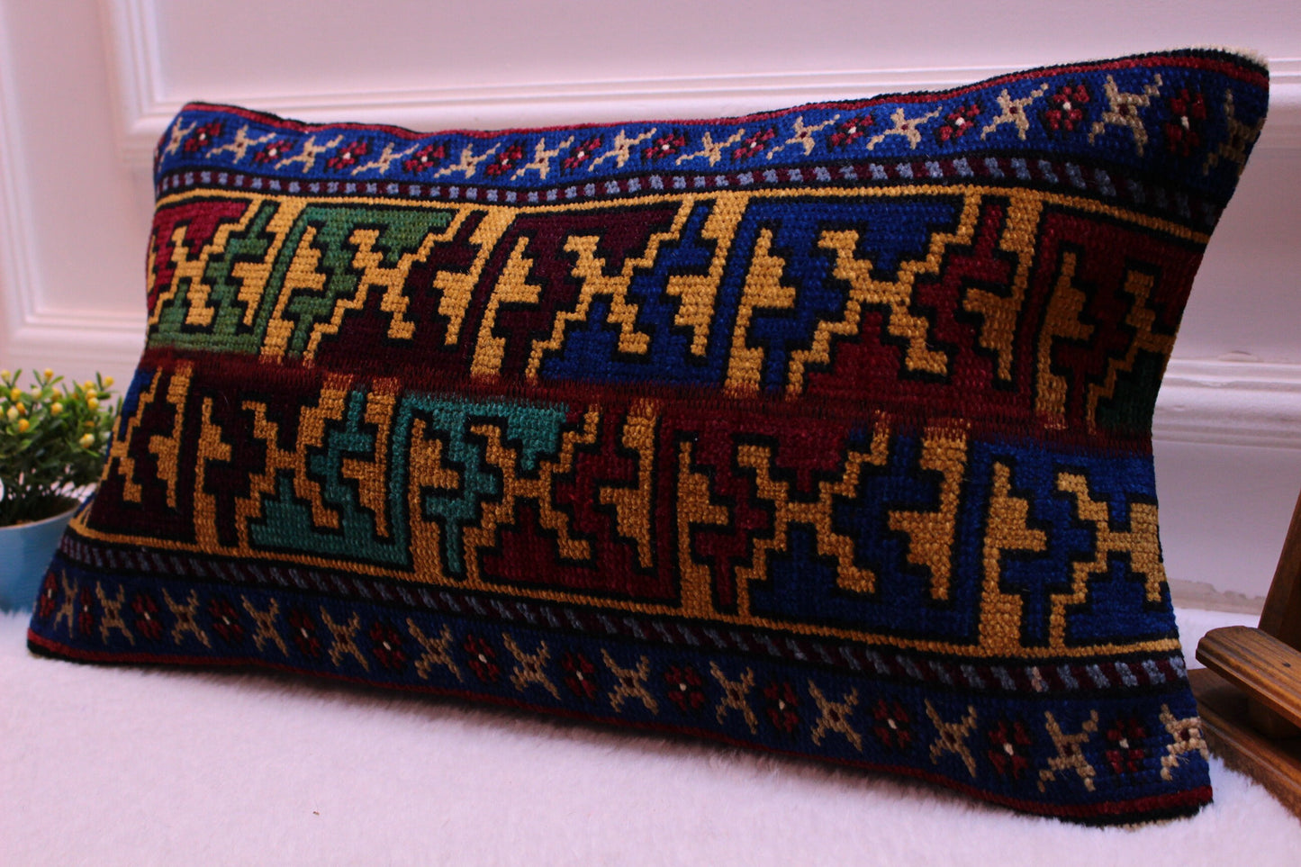 Handmade Turkish Rug Lumbar Pillow Cover: Colorful Geometric Design (12x24 in)