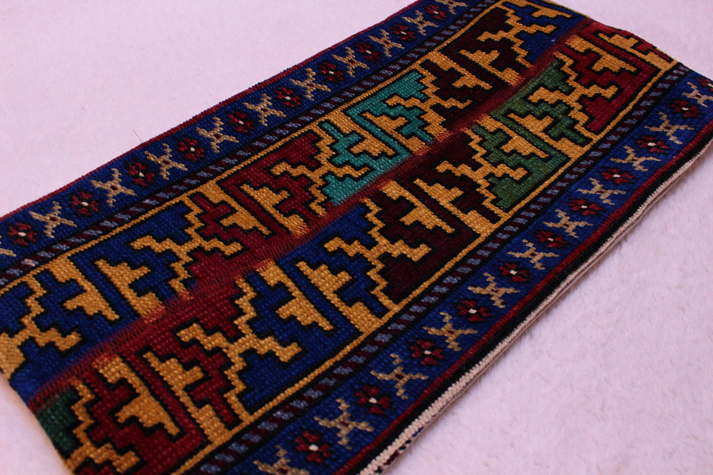 Handmade Turkish Rug Lumbar Pillow Cover: Colorful Geometric Design (12x24 in)