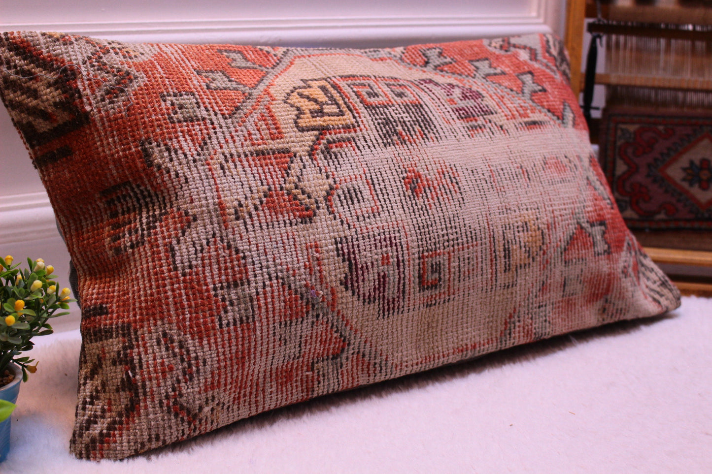 Handmade Kilim Pillow Cover: Upcycled Turkish Rug, Boho Decor (12x24 inc)