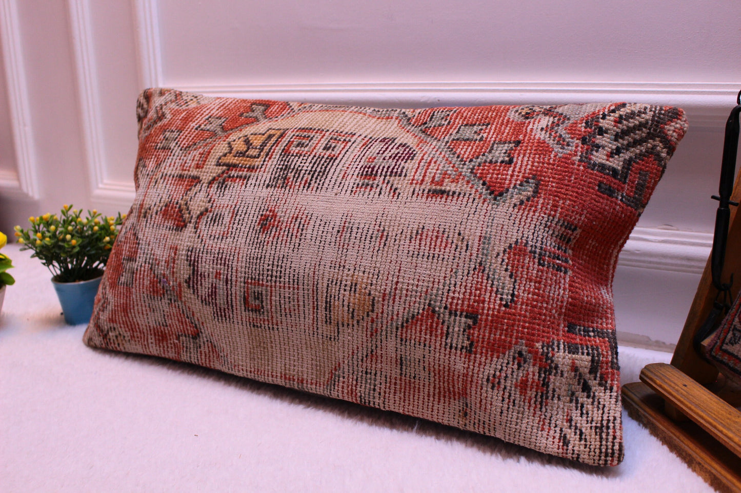 Handmade Kilim Pillow Cover: Upcycled Turkish Rug, Boho Decor (12x24 inc)