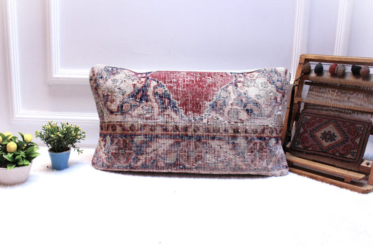 12x24 Turkish Rug Lumbar Pillow: Vintage Wool Kilim Cushion Cover