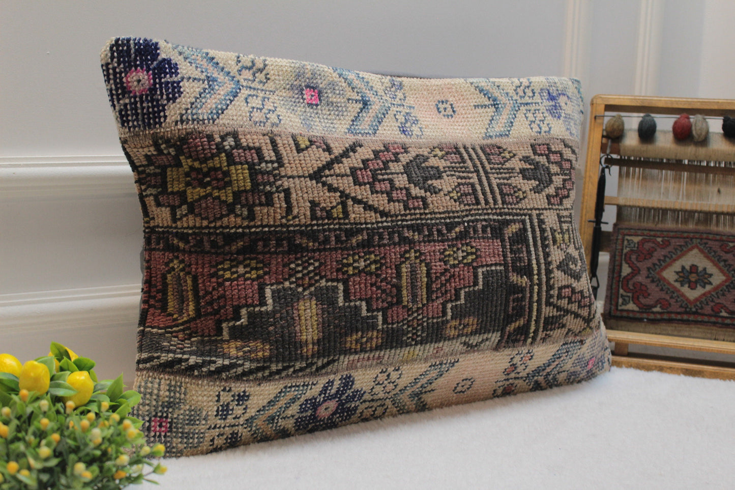 Handmade Kilim Lumbar Pillow Cover: Upcycled Anatolian Rug, 16x24 inch