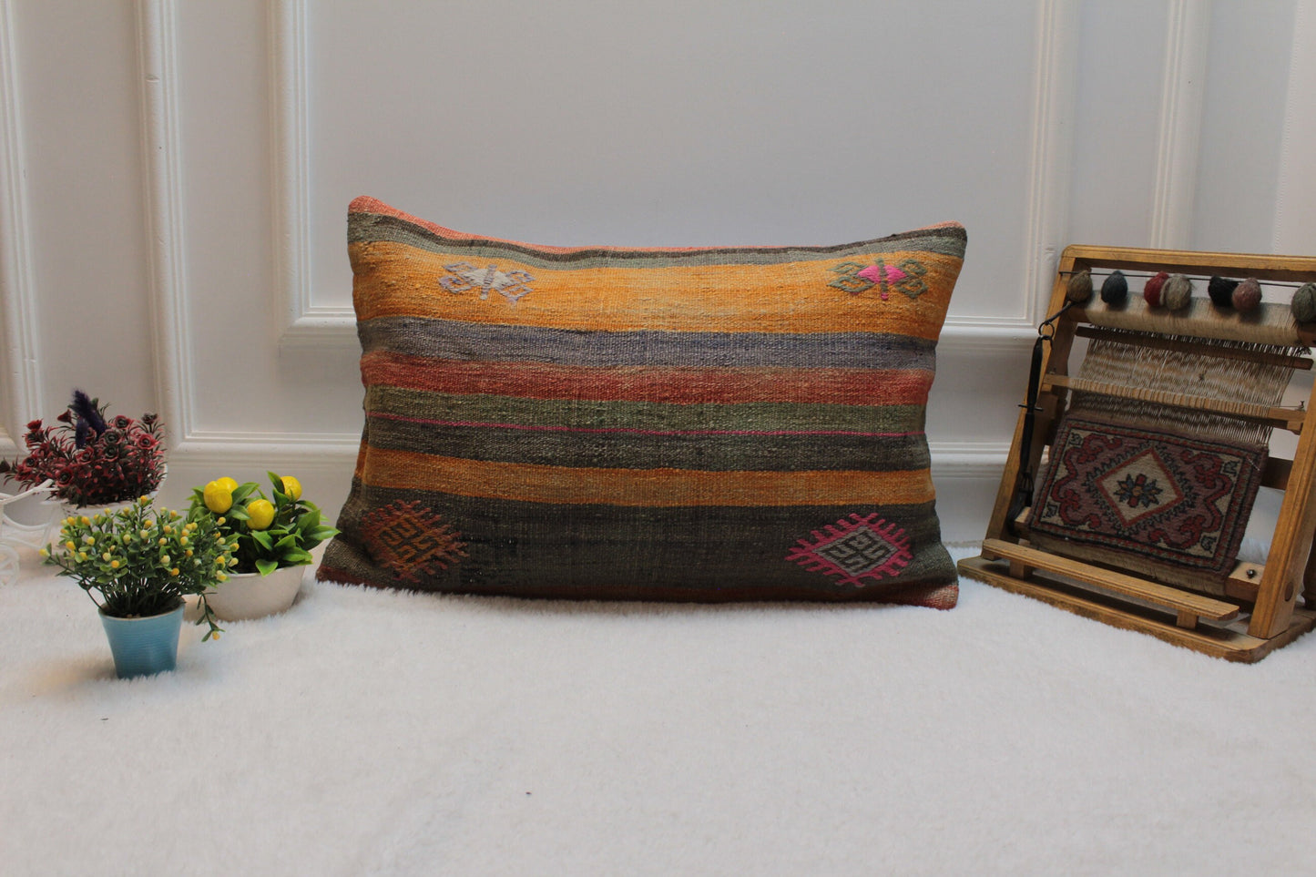 Handmade Kilim Lumbar Pillow Cover: Upcycled Woven Rug, 16x24 inch