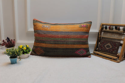 Handmade Kilim Lumbar Pillow Cover: Upcycled Woven Rug, 16x24 inch