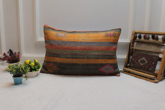 Handmade Kilim Lumbar Pillow Cover: Upcycled Woven Rug, 16x24 inch