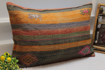 Handmade Kilim Lumbar Pillow Cover: Upcycled Woven Rug, 16x24 inch