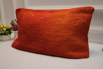 Handmade Orange Kilim Pillow Cover: Upcycled Woven Rug, 12x24 inch