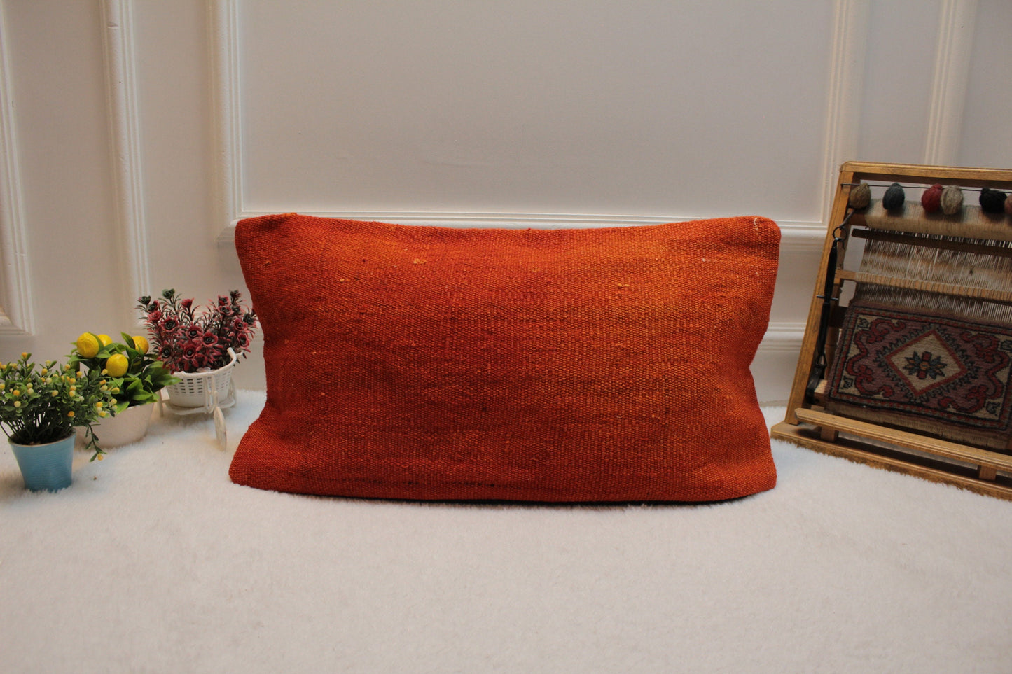 Handmade Orange Kilim Pillow Cover: Upcycled Woven Rug, 12x24 inch
