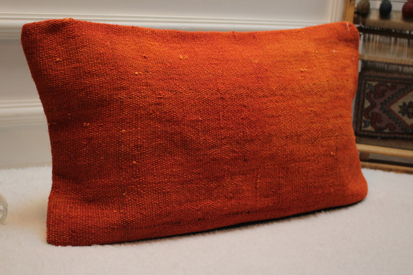 Handmade Orange Kilim Pillow Cover: Upcycled Woven Rug, 12x24 inch