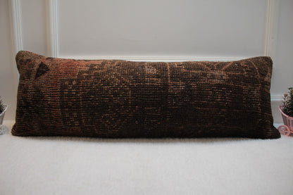 Handmade Turkish Rug Lumbar Pillow Cover: Red Wool Decor (12x36 in)