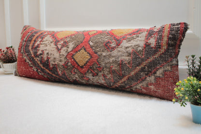Handmade Turkish Lumbar Pillow Cover: Vintage Wool Kilim, 12x36 inch