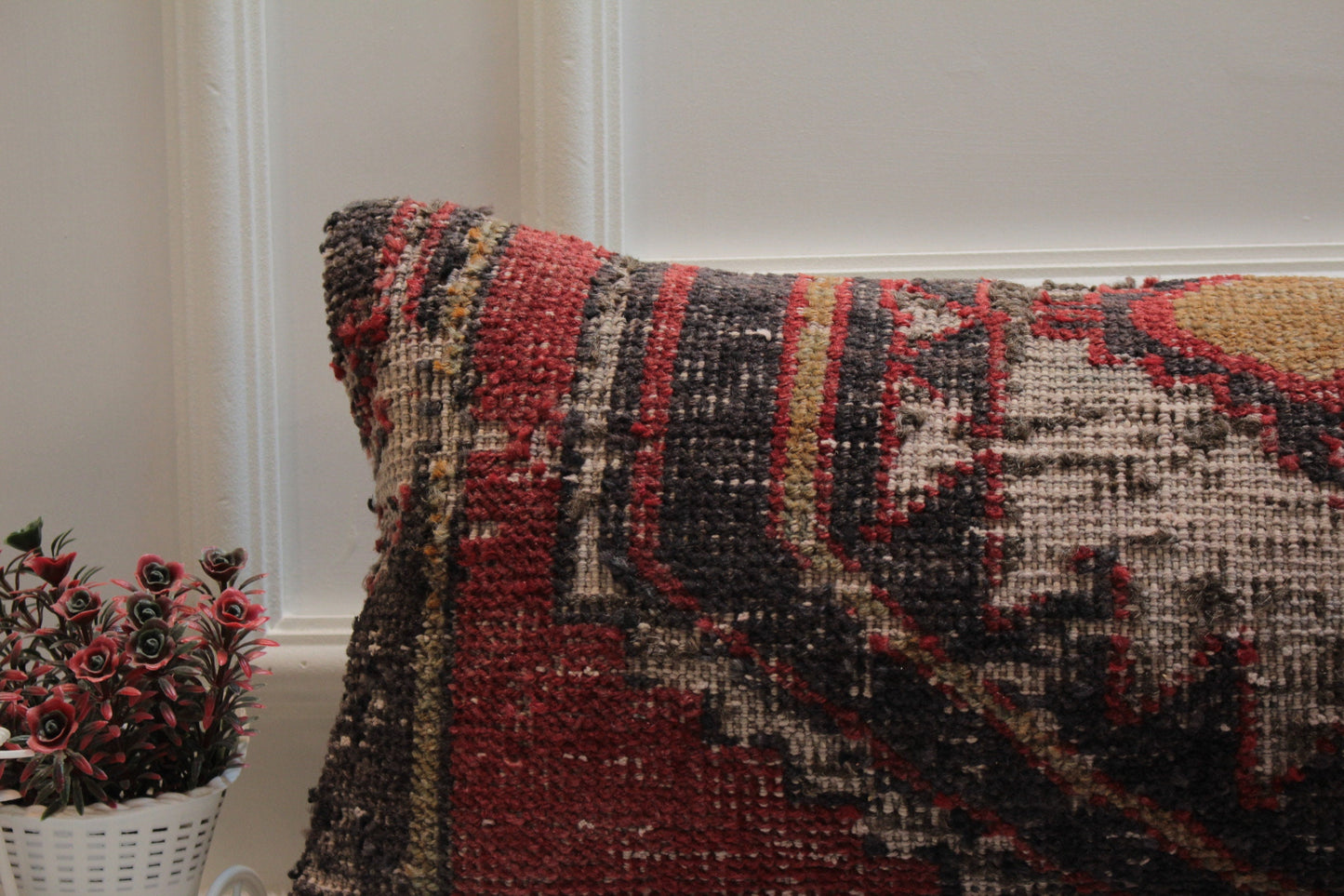 Handmade Turkish Lumbar Pillow Cover: Vintage Wool Kilim, 12x36 inch