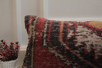 Handmade Turkish Lumbar Pillow Cover: Vintage Wool Kilim, 12x36 inch
