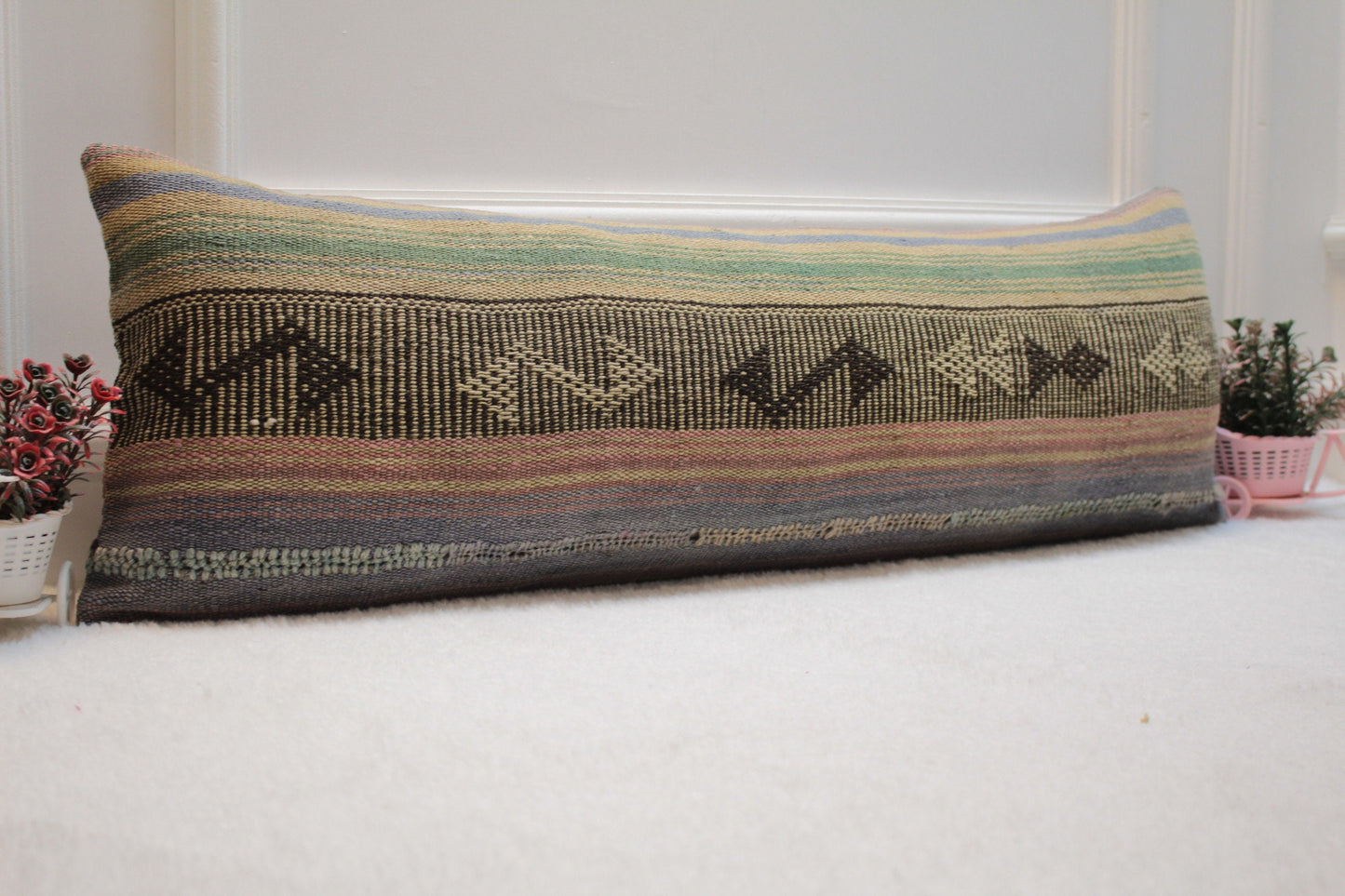 Handmade Kilim Pillow Cover: Upcycled Woven Rug, 12x36 inch