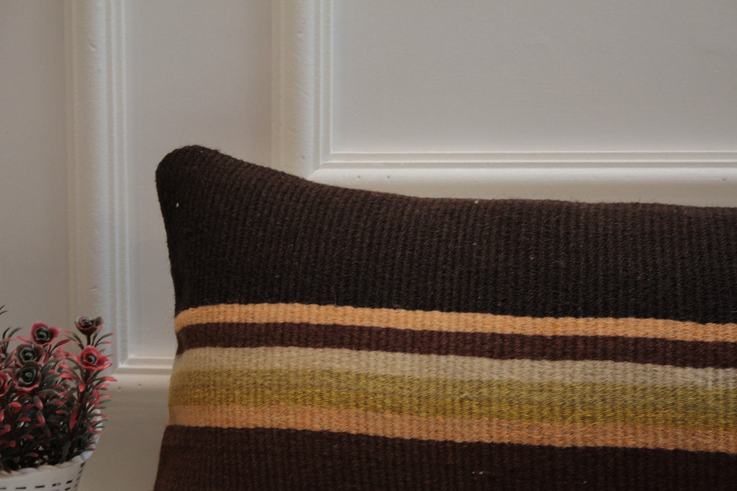 Handmade Striped Kilim Lumbar Pillow Cover: Brown, Yellow, Beige (12x36 in)