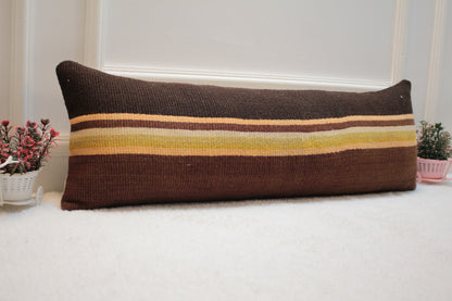 Handmade Striped Kilim Lumbar Pillow Cover: Brown, Yellow, Beige (12x36 in)