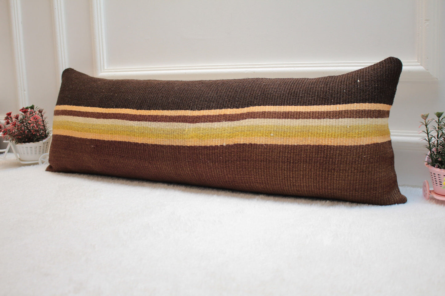 Handmade Striped Kilim Lumbar Pillow Cover: Brown, Yellow, Beige (12x36 in)