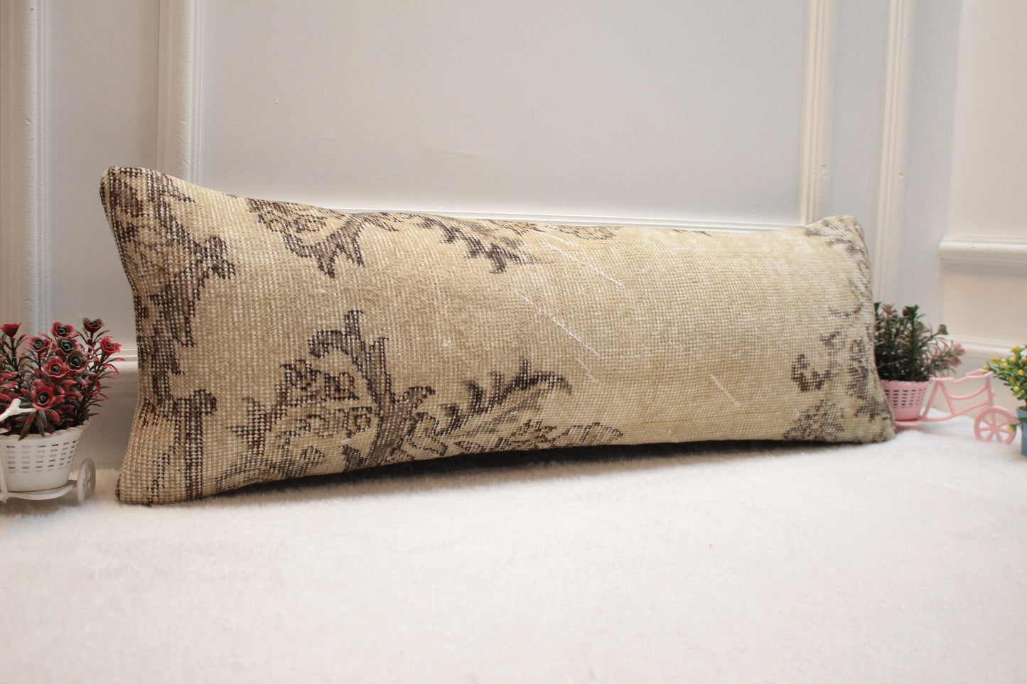 Handmade Kilim Pillow Cover: Upcycled Woven Rug, Beige Brown (12x36 in)