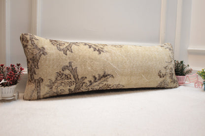 Handmade Kilim Pillow Cover: Upcycled Woven Rug, Beige Brown (12x36 in)